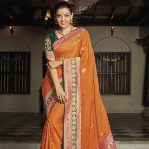 JHEAPS PAPAYA ORANGE ZARI WOVEN PAITHANI SILK SAREE WITH DESIGNER BLOUSE